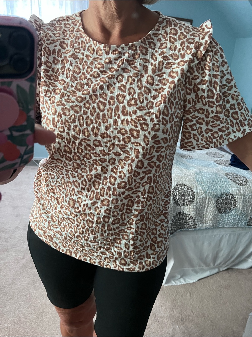 Nine West Cream and Brown Leopard Print Tee